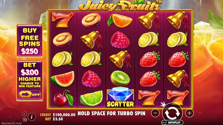 Juicy Fruits spin 1 - CREDIT $100,000.00 at $2.50 bet - session start showing full 5x5 grid with fruit symbols