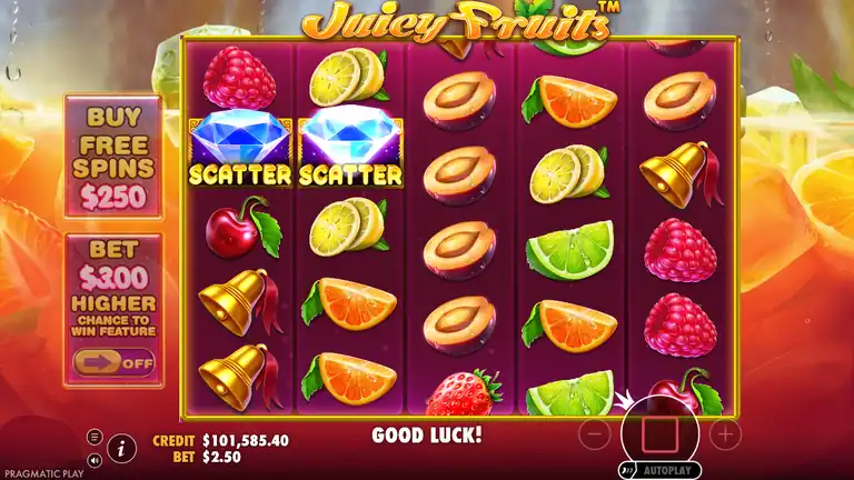 Juicy Fruits spin 1275 - CREDIT $101,585.40 at $2.50 bet - two Diamond SCATTER symbols visible