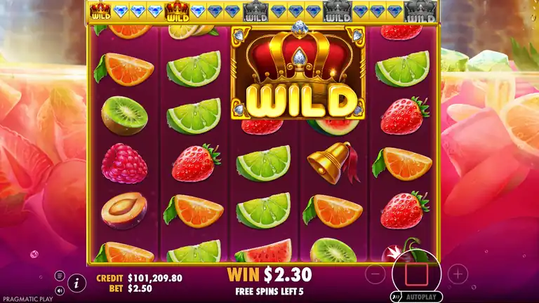 Juicy Fruits FREE SPINS round - Crown Wild 2x2 covering center grid, CREDIT $101,209.80, WIN $2.30, FREE SPINS LEFT 5