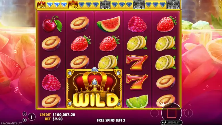 Juicy Fruits FREE SPINS - Crown Wild 2x2 covering rows 3-4, CREDIT $100,007.20, FREE SPINS LEFT 3