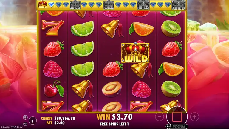 Juicy Fruits free demo - Crown Wild active during free spins round