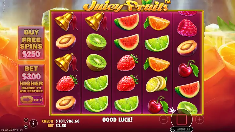Juicy Fruits near session peak balance - CREDIT $101,986.60 at $2.50 bet showing full 5x5 fruit grid